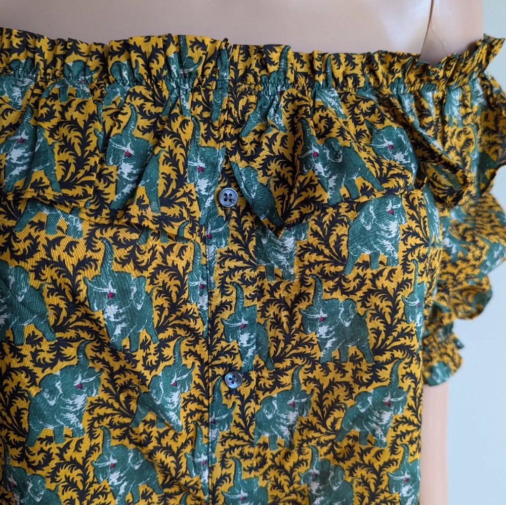 J. Crew Ratti Safari novelty elephant print Off the Shoulder top ruffle